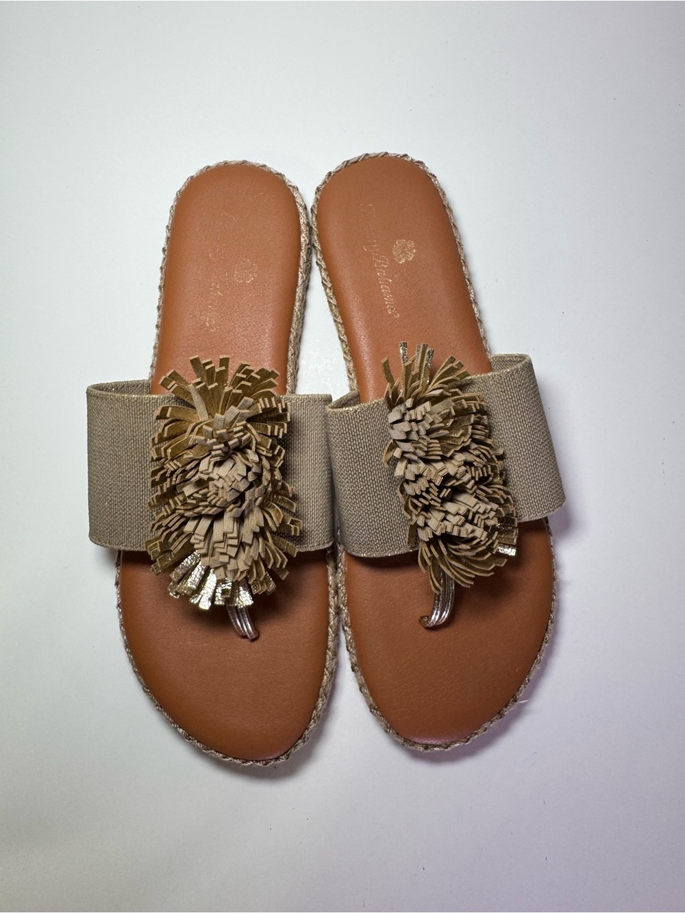 Tommy Bahama Tan Floral Fringe Slide Sandals for Women